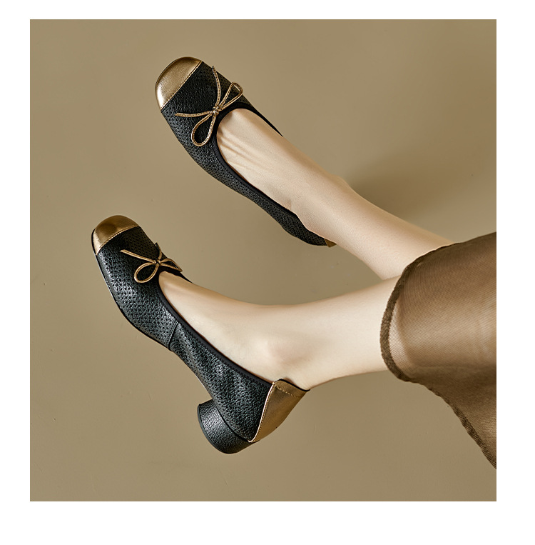 Sandal nữ da cừu miệng nông đục lỗ gót thô thấp phong cách Xiaoxiangfeng — Màu nâu chi tiết 17