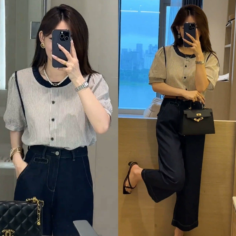 2025 женская рубашка с круглым вырезом и короткими рукавами, нишевая элегантная и шикарная рубашка + узкие и универсальные прямые джинсы