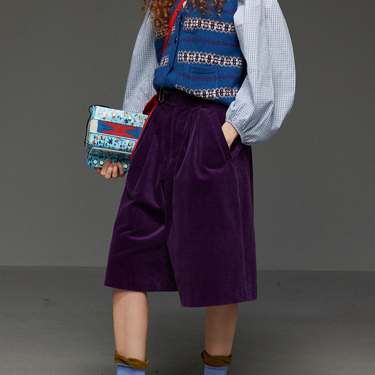 Tni Retro Three-Color Corduroy Wide-Leg Five-Point Pants for Women in Autum Loose High-Waist Design Straight Casual Shorts