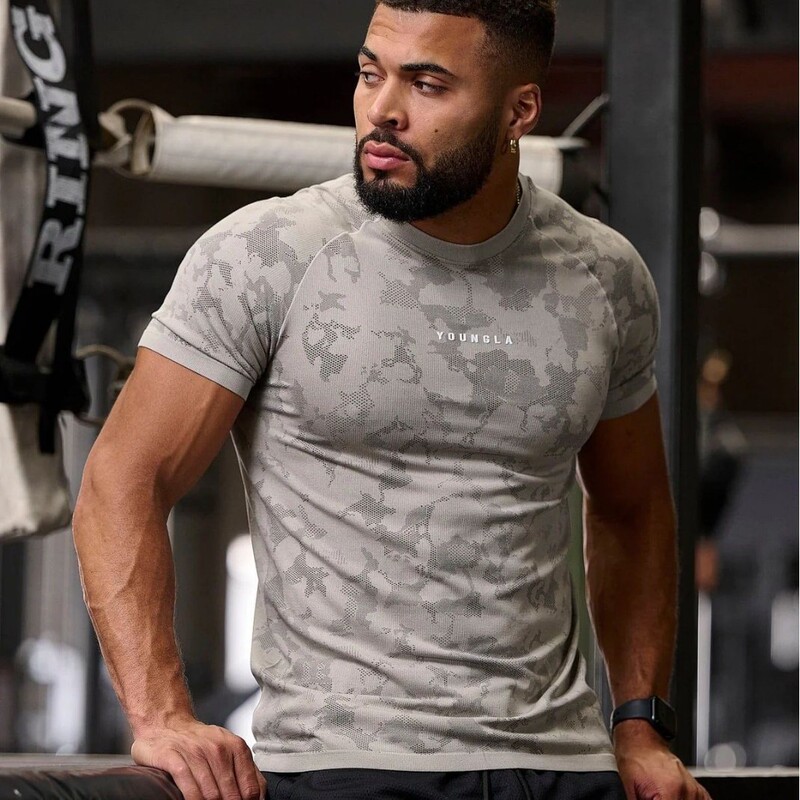 Youngla New Men's T-Shirt Camouflage Sports Tights Jogger Gym Running Lettered Training Clothes