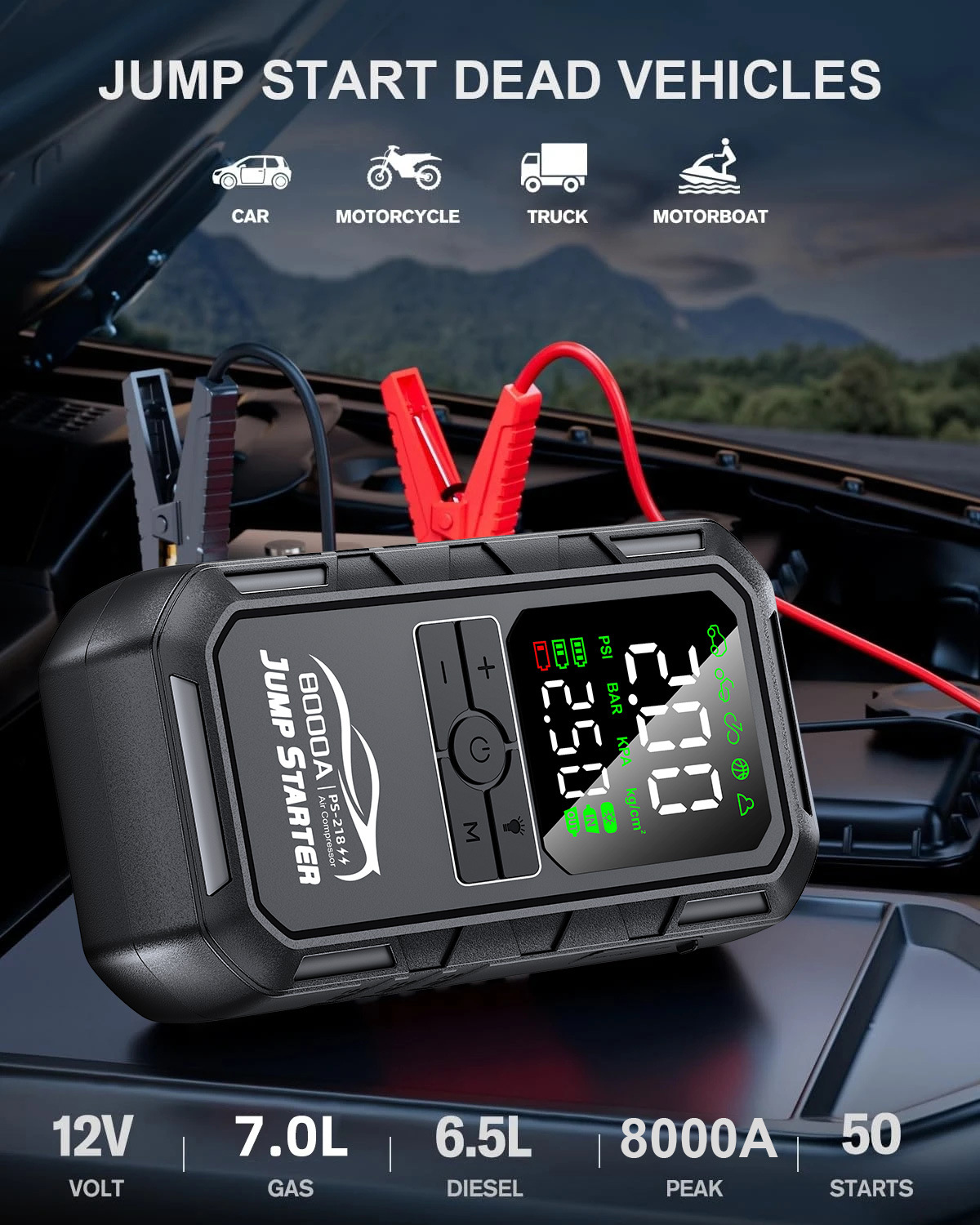 Cross-Border Car Emergency Starting Power Supply, Car-Mounted Air Pump, Multi-Functional All-In-One Device, 12V Battery, Powerful Jump Starter