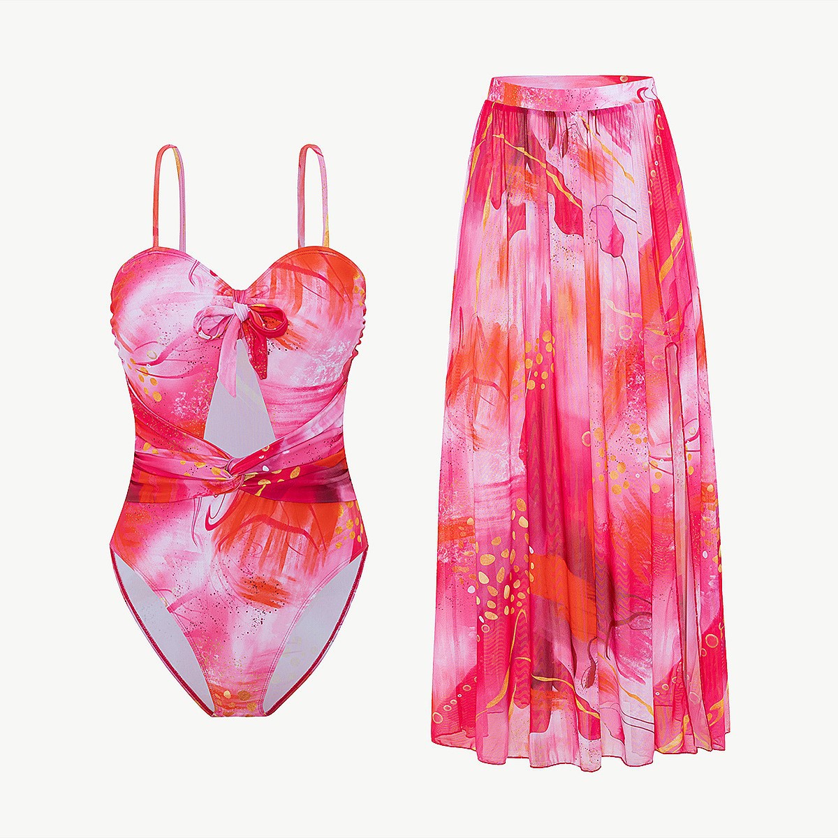 Nuevo estilo transfronterizo europeo y americano estampado hueco traje de baño de mujer de una pieza falda de dos piezas bikini comercio exterior de Amazon