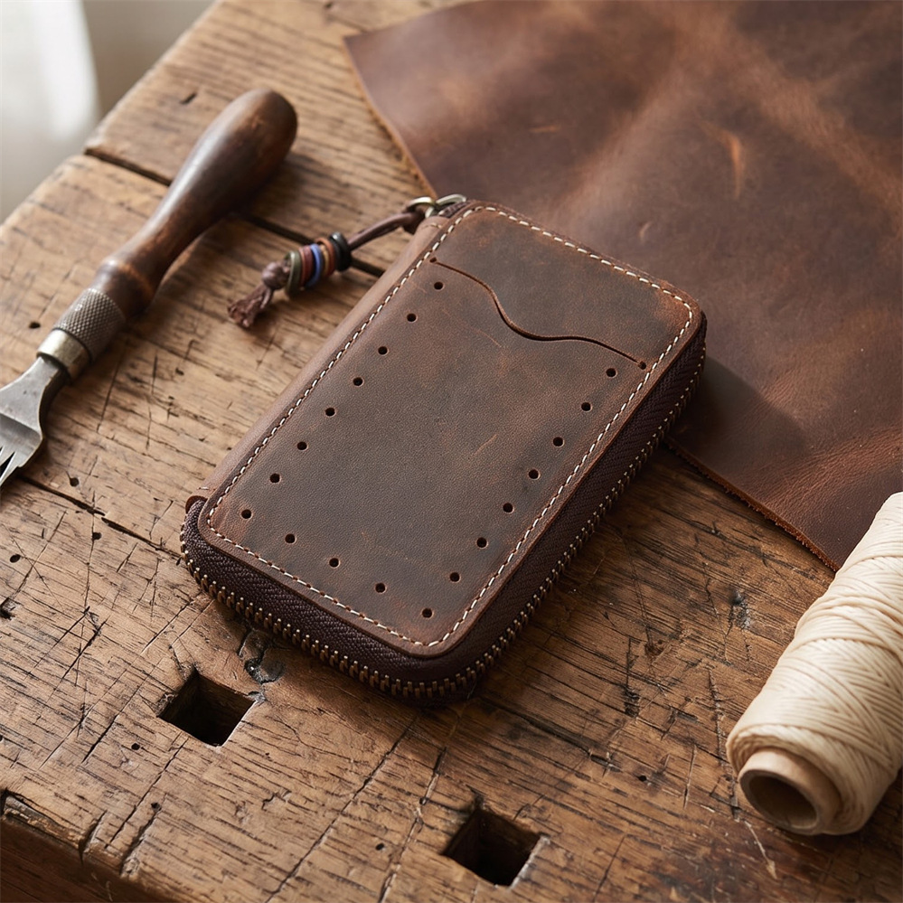 Men's Retro Crazy Horse Top Layer Cowhide Key Bag Genuine Leather Multifunctional Zipper Key Bag Handmade Personalized Card Bag