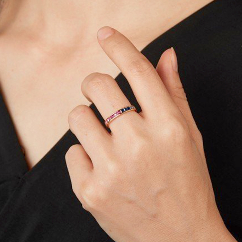 french dating square rainbow zircon simple fashion all-match ring