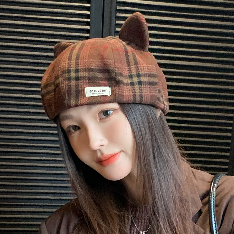 复古格文秋冬保暖百搭猫耳朵贝雷帽女可爱新款百搭通勤显脸小帽子