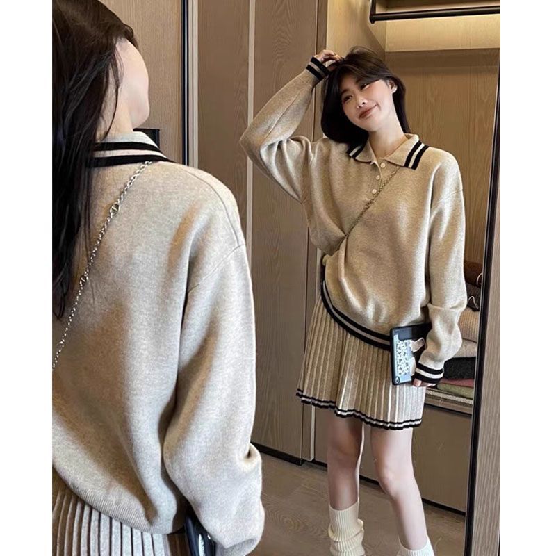 College Style Knitted Suit Skirt 2024 New Autumn and Winter Polo Collar Top + Pleated Skirt Two-Piece Set Versatile