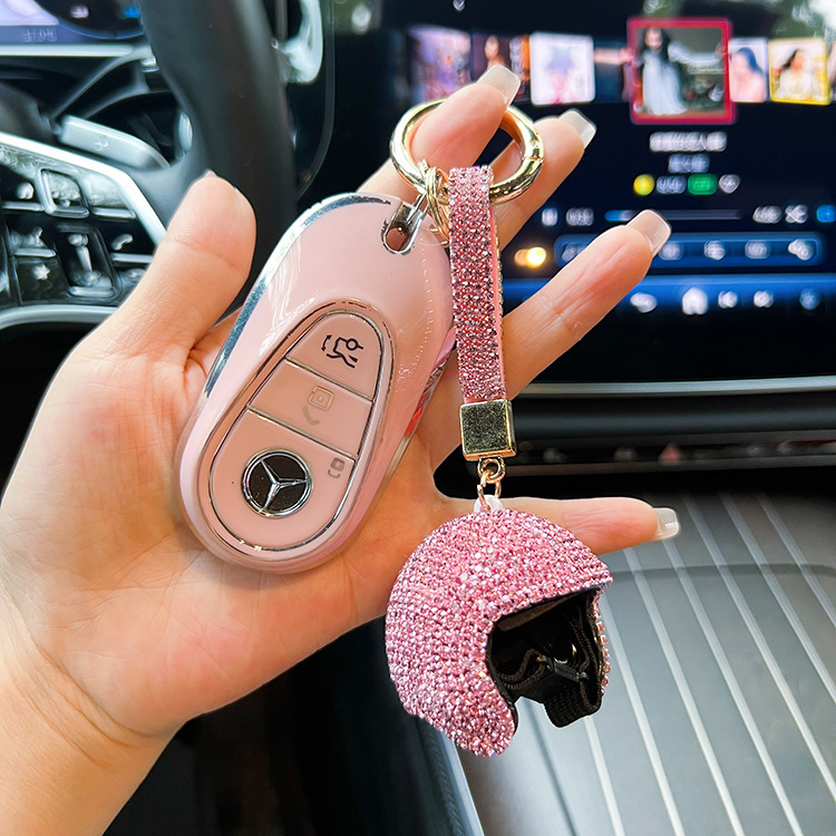 Personality Diamond-encrusted Helmet Car Keychain Handmade Exquisite Full Diamond Rope Round Buckle Bag Pendant Small Gift for Girls
