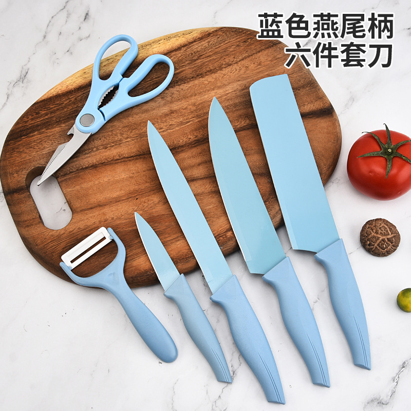 Venta al por mayor en stock cuchillo de acero inoxidable mango de cola de milano azul cuchillo de seis piezas conjunto cuchillo de chef tijeras cuchillo de cocina conjunto