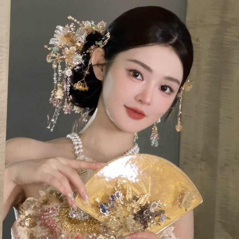 高端香槟色敬酒服新款发钗晨袍礼服鱼尾裙发饰手作全铜高保色头饰|undefined
