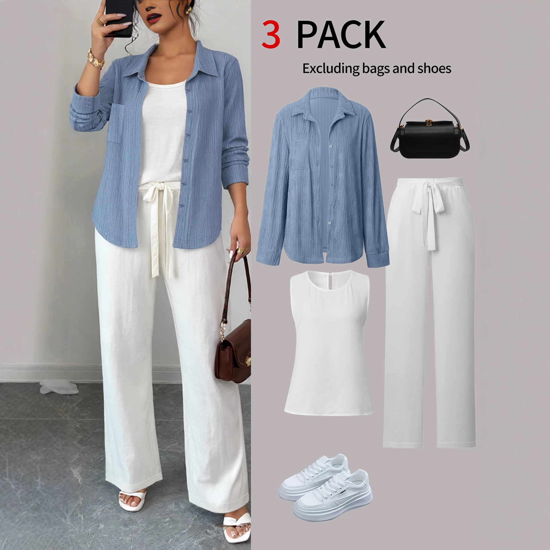 3-Piece Spring Summer Casual Set, Relaxed Cardigan, Sleeveless Top & High-Waisted Wide-Leg Pants, Comfortable Outfit For Women_ecoleips.com