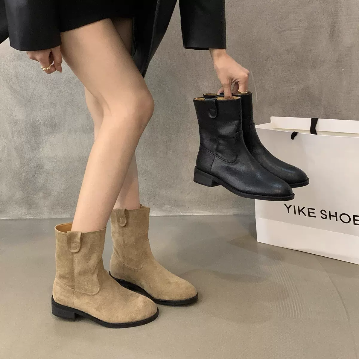 复古绒面卡其色短筒靴女靴子法式靴秋季小众设计西部堆堆靴骑士靴