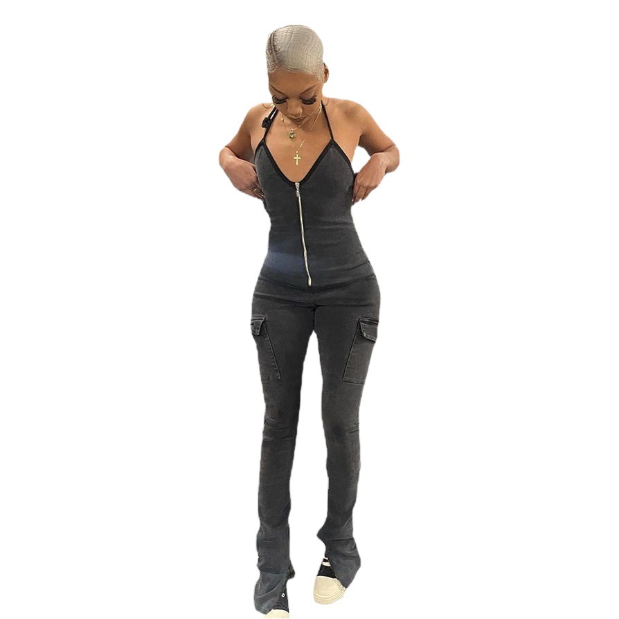 Ropa de Mujer Europea y Americana, Novedades de Verano 2024, Estilo Ins, Mono Vaquero Sexy con Espalda Descubierta, Cordones y Cremallera para Mujer 6464JL image 1