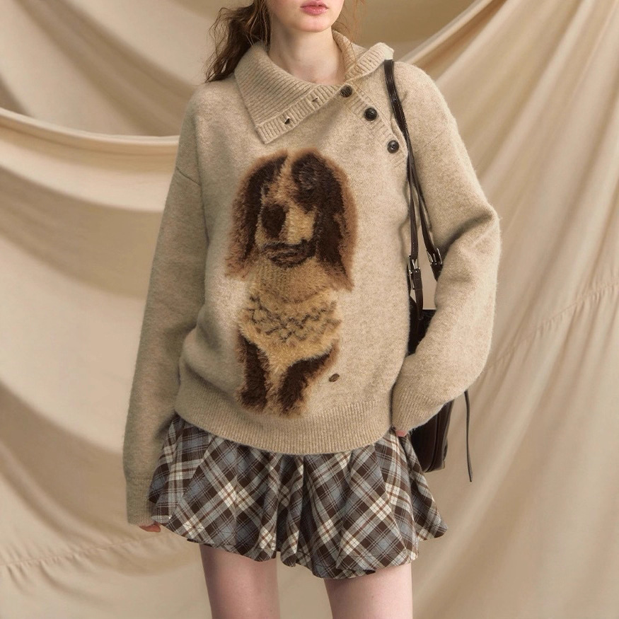 Zhen Dai Ni Good Morning Little Sausage Pullover Thick Sweater for Women, Autumn Retro Loose Lazy Style Knitted Outerwear