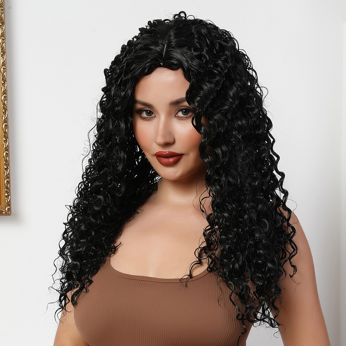 Foreign Trade Cross-Border European And American Style Fluffy Black Middle Part Long Curly Hair Afro Synthetic_voghion.com