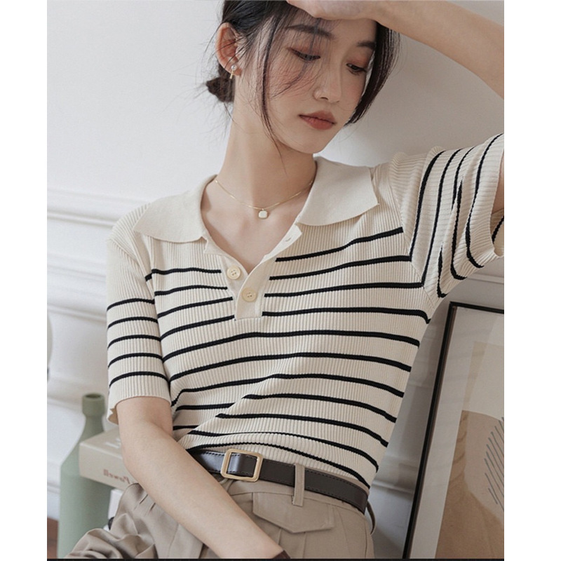 French V-neck black and white striped sweater women's summer thin sweet ice silk short sleeve T-shirt Japanese polo shirt top
