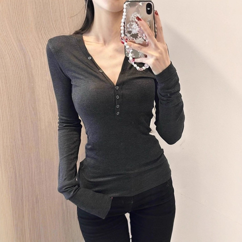Korean Style Slim V-Neck Multi-Button Long-Sleeved T-Shirt for Women, Autumn and Winter Style Inner Layering Shirt, Pure Lust Style Slimming Look Top Korean Style Slim V-Neck Multi-Button Long-Sleeved T-Shirt for Women, Autumn and Winter Style Inner Layering Shirt, Pure Lust Style Slimming Look Top