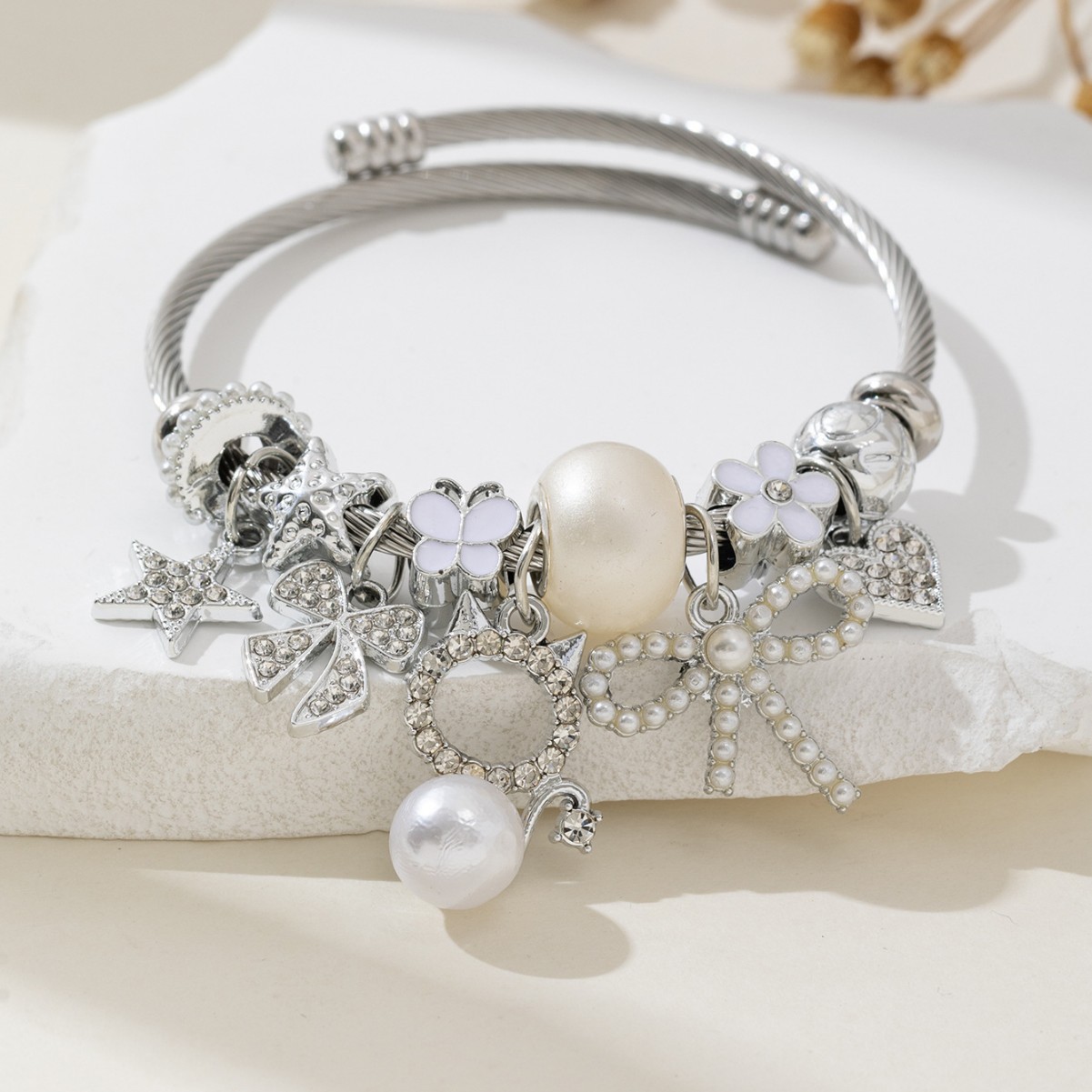 Pulsera Pan estilo explosivo transfronterizo brazalete con cuentas de bricolaje lazo de gato de perlas amor estrella de cinco puntas joyería de moda image 3
