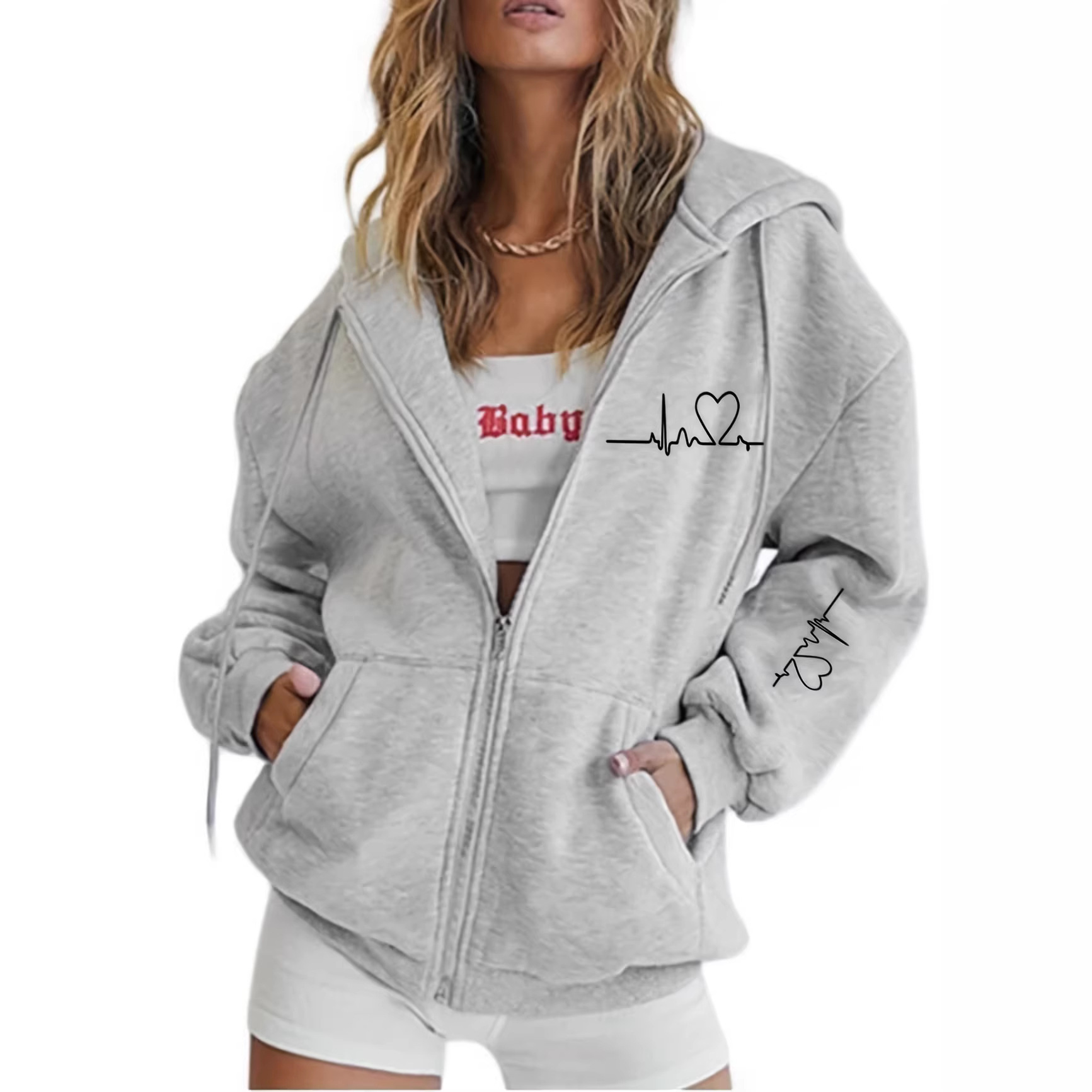 Women's Heart Print Loose Casual Hooded Sweatshirt Long Sleeved Zip Up Design European American Style Print_ecoleips.com