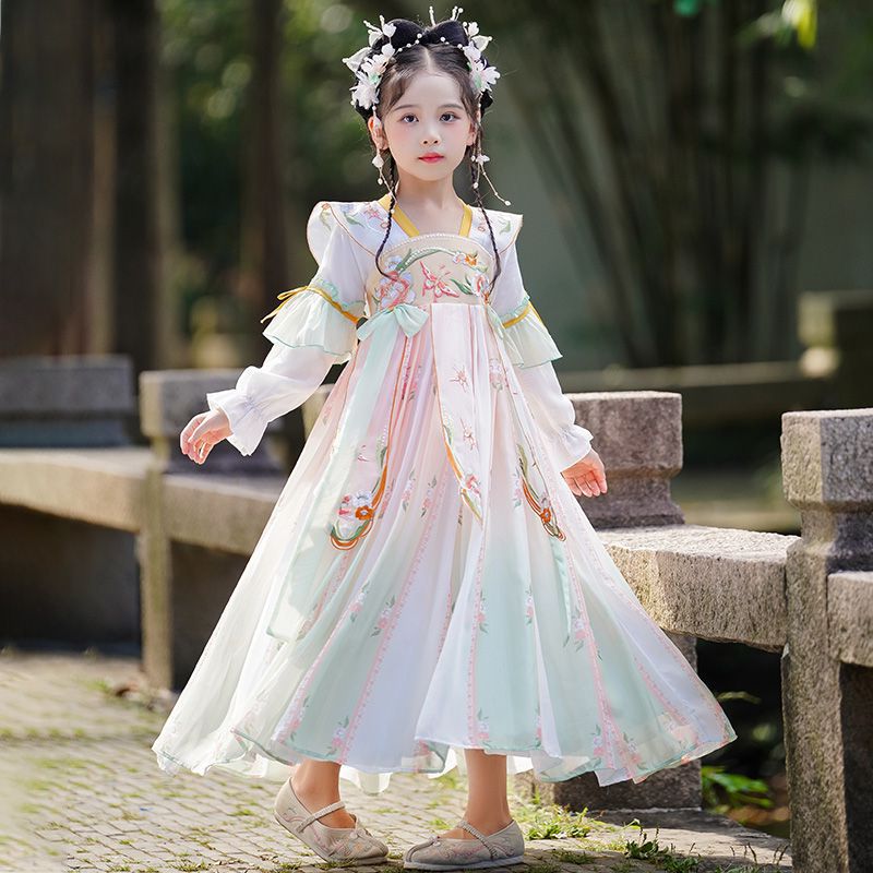 汉服女童春秋装女童2023新款中国风女孩中秋节超仙古风唐装连衣裙