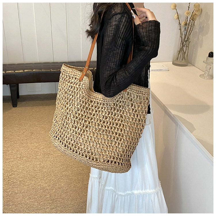 Seaside vacation 2024 new summer grass commuting tote bar large capacity handmade woven bag_voghion.com