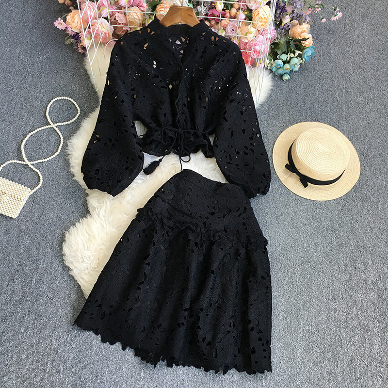 Damenbekleidung einfarbige Spitze Langarm + Rock Anzug_voghion.com