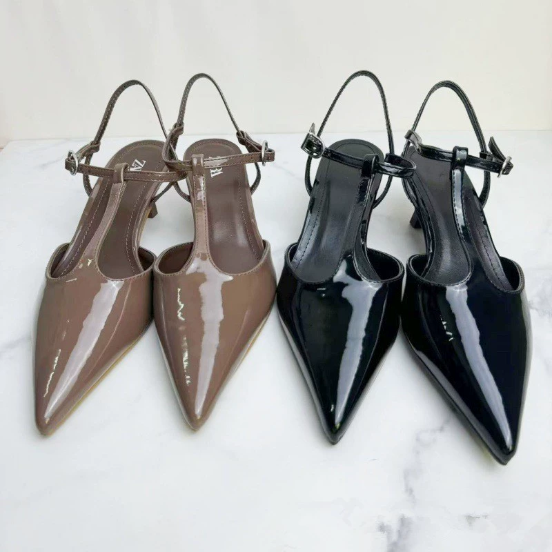 Прямые продажи с фабрики ZA: 25 новых женских босоножек-мюлей на шпильке с заостренным носком, Т-образным ремешком и открытым носком, с неглубоким задним ремешком.