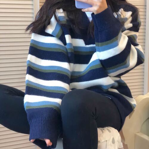 Striped sweater for women, autumn loose outer wear, retro pullover, lazy top, autumn dress, Korean loose knitted outer