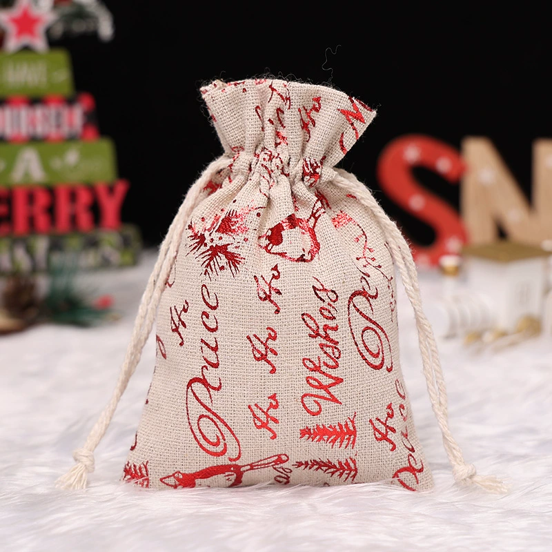 Сумка- gift с завязками из хлопка и льна, размеры 10×14 см и 13×18 см, праздничные принты к Рождеству
