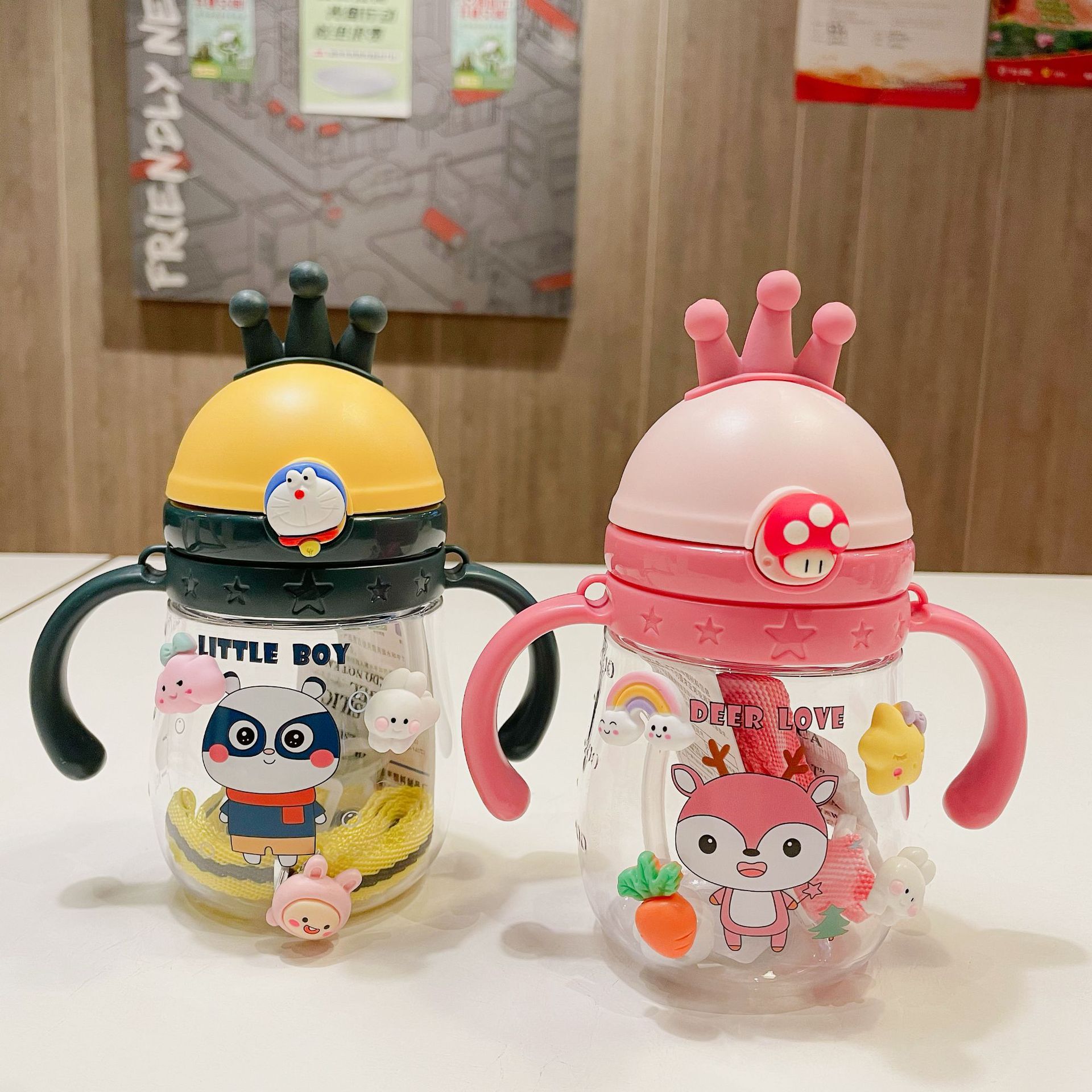 Bebé de dibujos animados corona de paja taza bebé beber taza una taza de doble uso 370 ml botella de agua con mango cuerda trasera