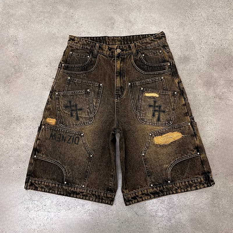 Diznew Vintage Distressed Brown Workwear Carpenter-Style Knee-Length Ripped Men's Loose Denim Shorts