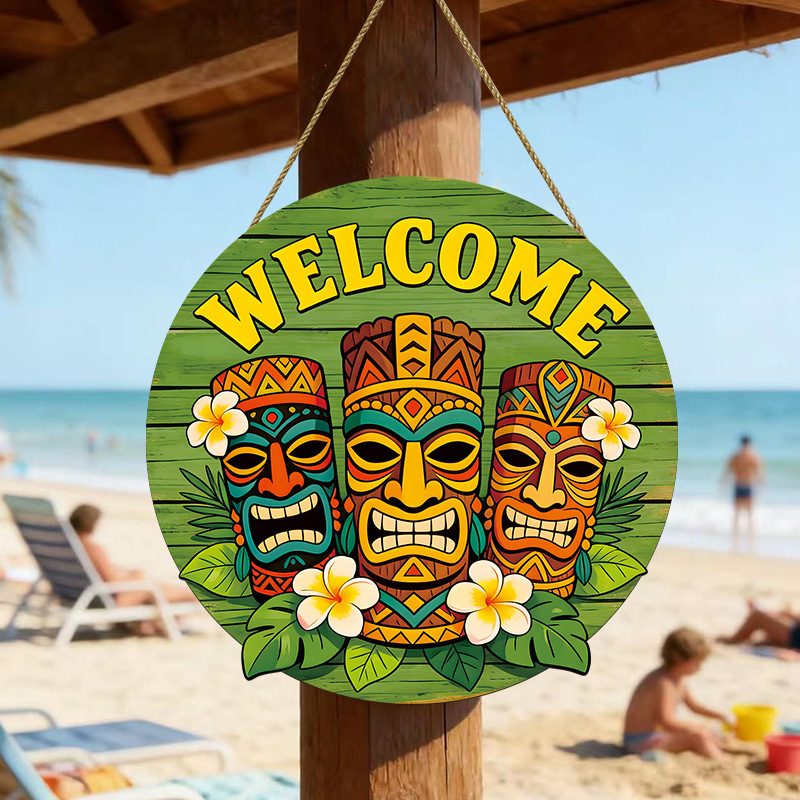 Cross-border Hawaiian-style front door party decoration sign, summer totem rustic farmhouse round wooden hanging ornament