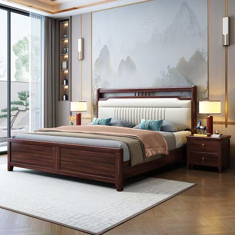 Ebony New Chinese Style Solid Wood Bed Master Bedroom 1.8m Double Wedding Bed Home Soft Backrest 1.2m Single Storage Bed