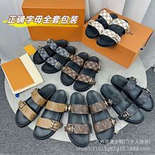 外贸大码皮带扣厚底拖鞋女2025夏季老花字母休闲百搭沙滩一字凉鞋