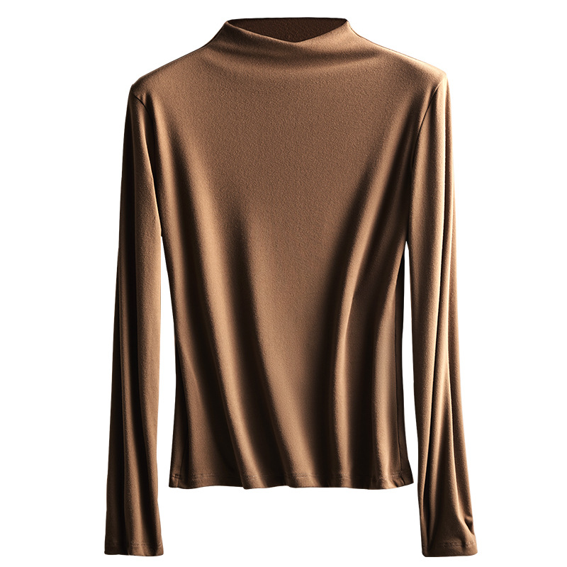 Camisa de fondo de cuello alto apilada para mujer, otoño e invierno, nuevo estilo, suave y agradable para la piel, todo fósforo, delgado, chaqueta de manga larga cálida para mujer