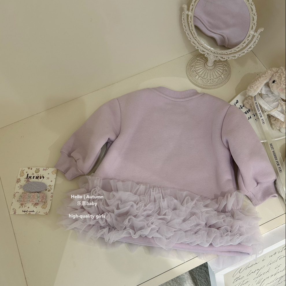 [Le En ropa para niños] Niñas invierno hilo de red púrpura más falda de terciopelo bebé estilo occidental falda de suéter vestido de año nuevo