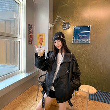 美式复古黑色PU皮长袖外套女装秋季炸街酷炫别致chic宽松夹克上衣