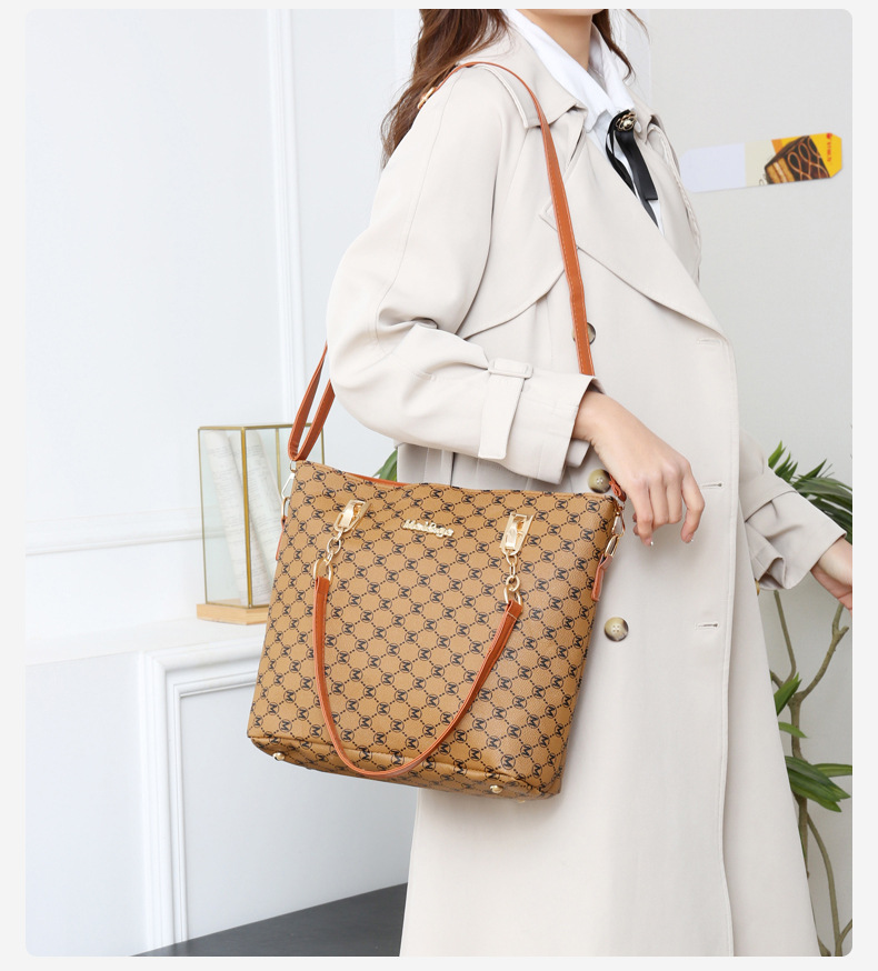 Classic Style Style Women's Pu Leather Monogram Classic Style Bucket Zipper Bag Sets