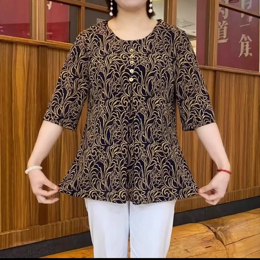 Новая летняя модная рубашка с цветочным принтом со средним рукавом, свободная рубашка, закрывающая живот, модный топ большого размера, модная верхняя одежда, женская футболка