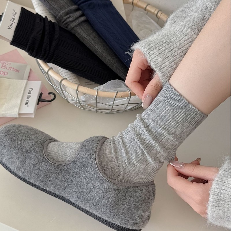 藏青袜子女纯棉中筒袜春秋韩系ins潮细条纯色长袜配德训鞋堆堆袜|undefined