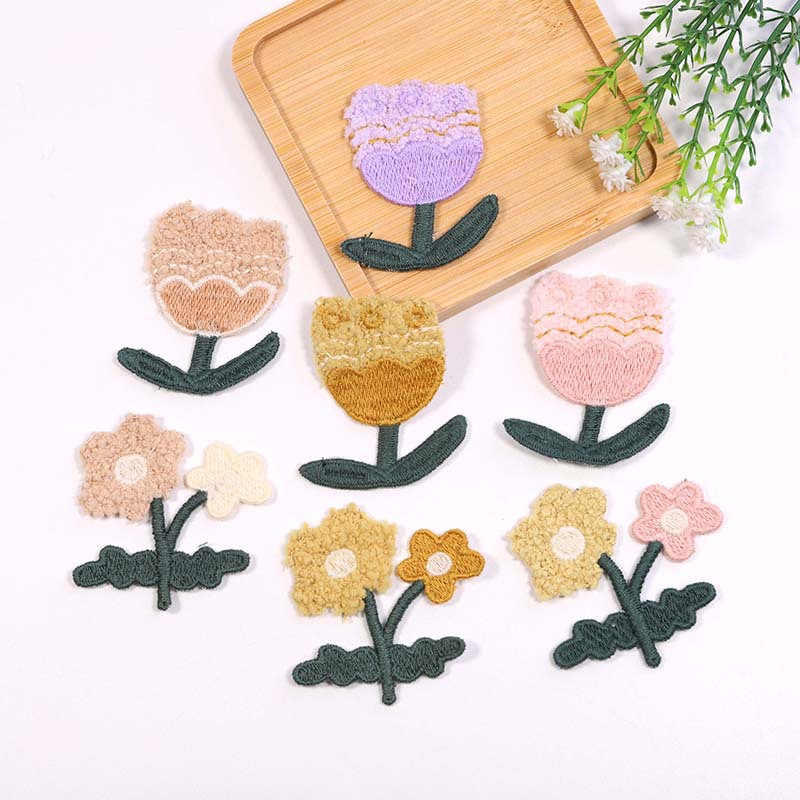 电脑绣花服装辅料家纺装饰配件 彩色郁金香树枝双朵花刺绣补丁贴