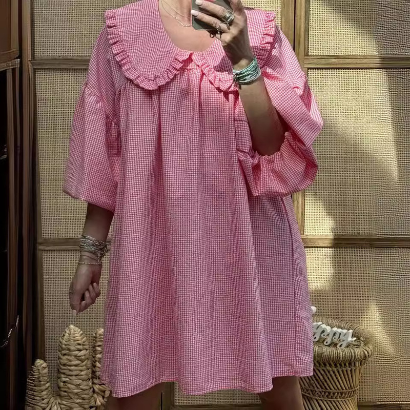 European and American Shirt Doll Collar Age-reducing Top Long-sleeved Pure Color High-end Versatile Lantern Sleeve Dress