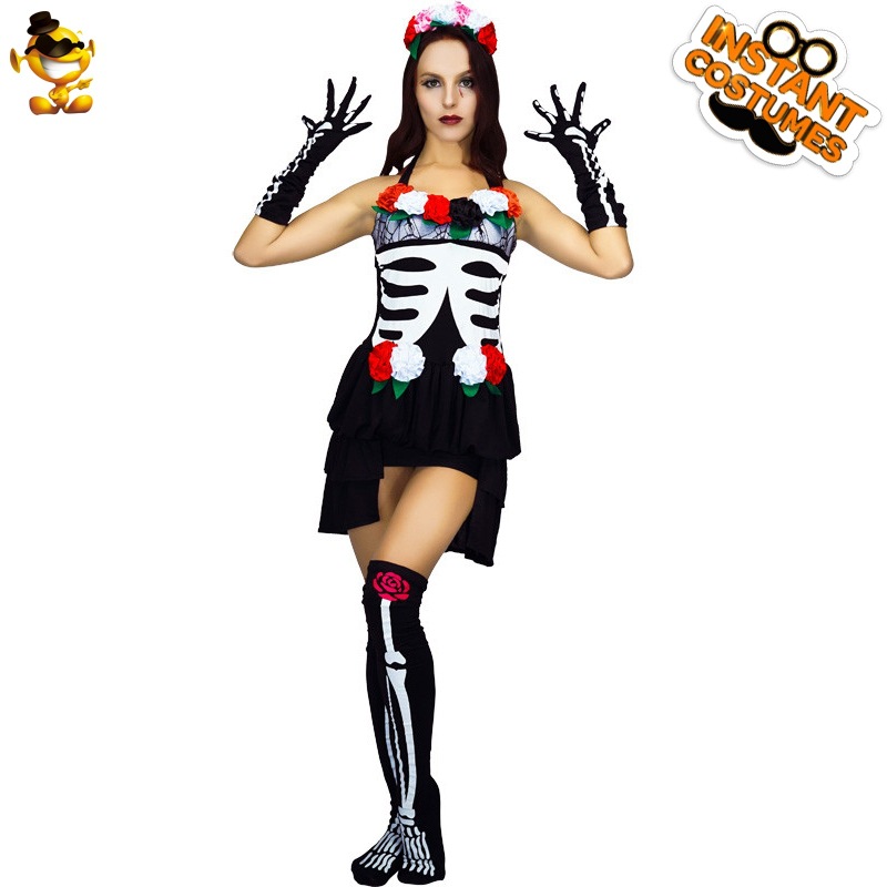 Halloween adulto hembra Undead Ghost hueso traje femenino cráneo mascarada partido juego de rol traje de escenario image 6