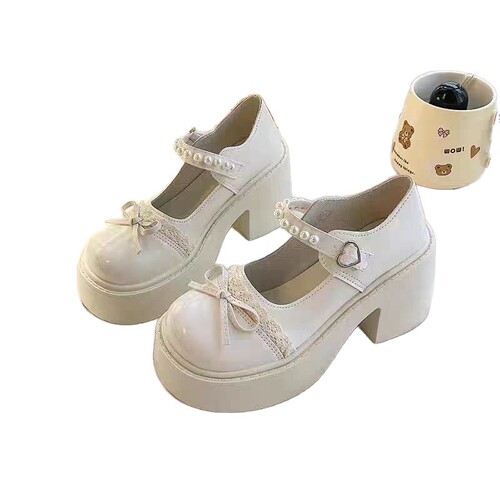 Heeled and platform dress shoes for women, spring and summer new retro French-style pearl bow college-style leather shoes