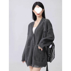 慵懒风毛绒绒纯色2025春秋季款宽松外套仿水貂上衣女中长款开衫搭