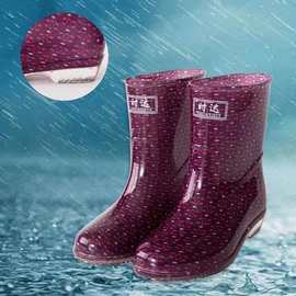 时达中筒时尚印花图案水晶底雨鞋 防滑防水女雨鞋劳保水鞋批发