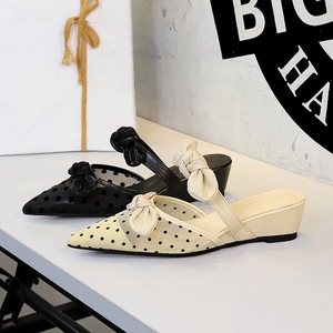 599-12 French mesh wrapped half slippers for women, versatile, shallow bow, sloping heel, pointed toe, one foot flip flo