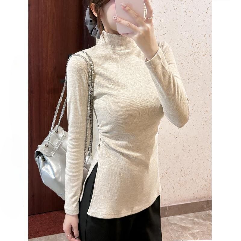Autumn and Winter Base Layer Half-High Collar Waist-Cinching T-Shirt 2025 Pleated Stylish Inner Fleece-Lined Split Top Slim Fit Women