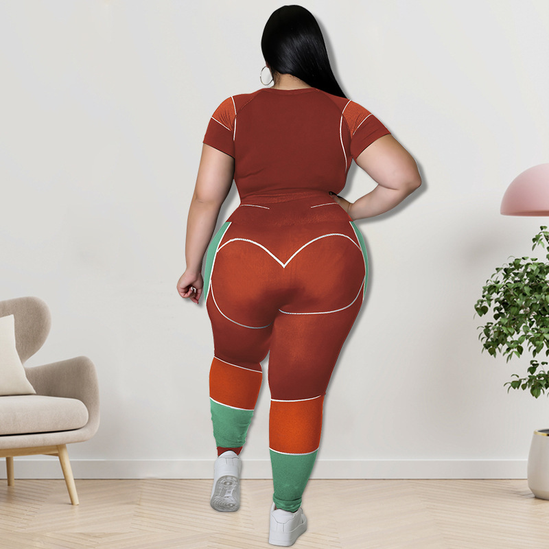 Plus Size Workout Sets For Women 3/4 Sleeve Crop Top And High Waist Yoga Pants, Color Block Sports Outfit, Sweet Style Athletic Wear_ecoleips.com