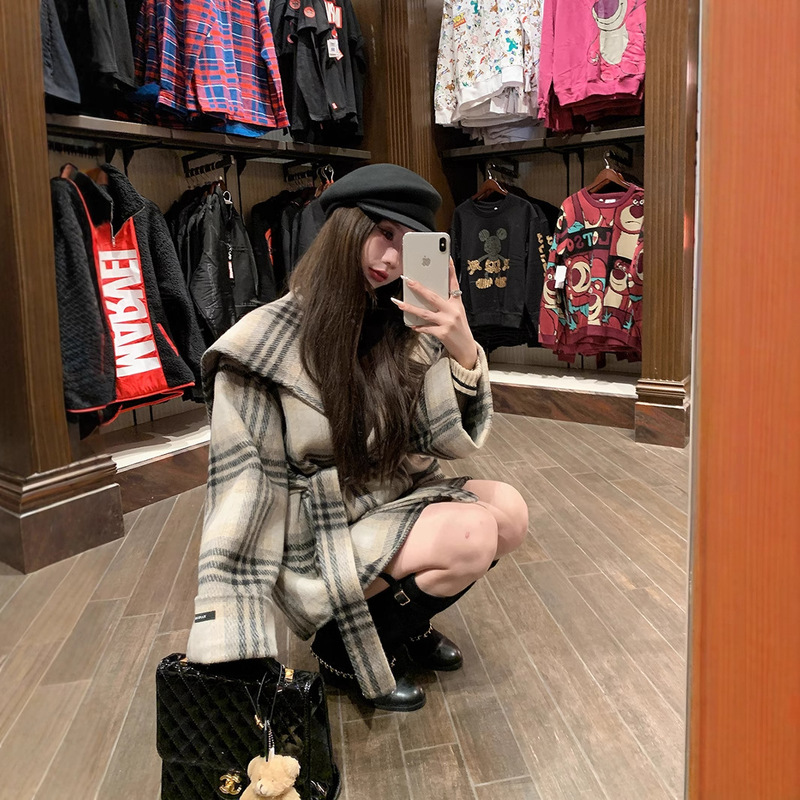 Solo Burst Navy Collar Double-Sided Cashmere Outwear Women's New Winter Small Plaid High-End Woolen Outwear