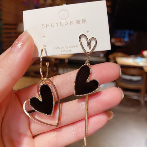 S925 Silver Needle Korean Asymmetric Love Tassel Earrings Fashion Internet Celebrity Heart Shape Long Earrings Stud Earrings Women B564